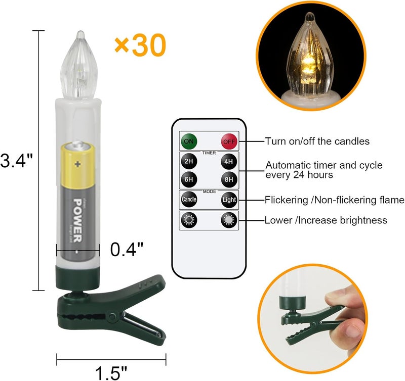 DRomance Christmas Tree Flameless Taper Candle Lights Battery Operated with 10-Key Remote and Timer, 30 Pack Plastic 3D Wick Flickering LED Taper Candles Multi-Using Home Garden Holiday Decor 3.4" - Image 2